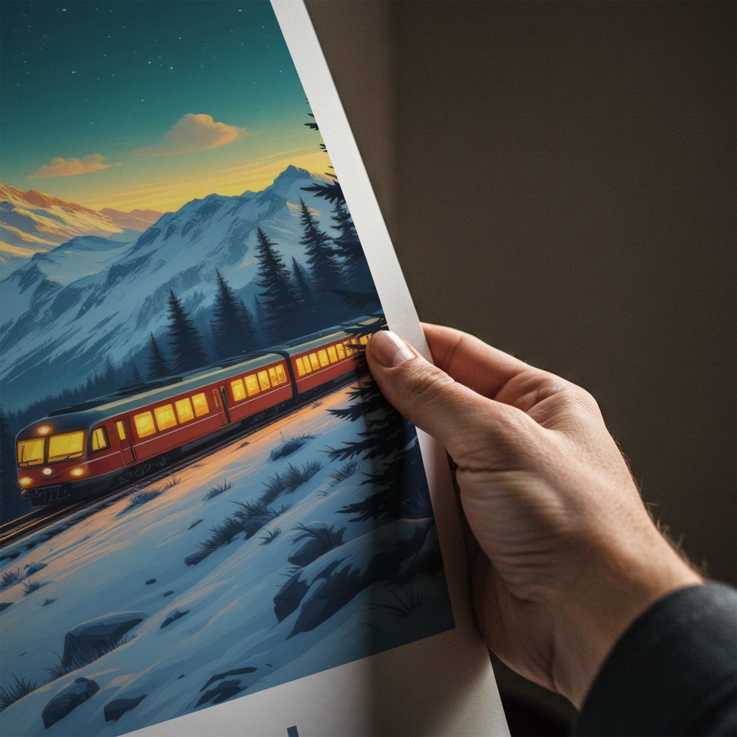Murren Poster - Switzerland Travel Art - Moonlit Alpine Train Home Decor