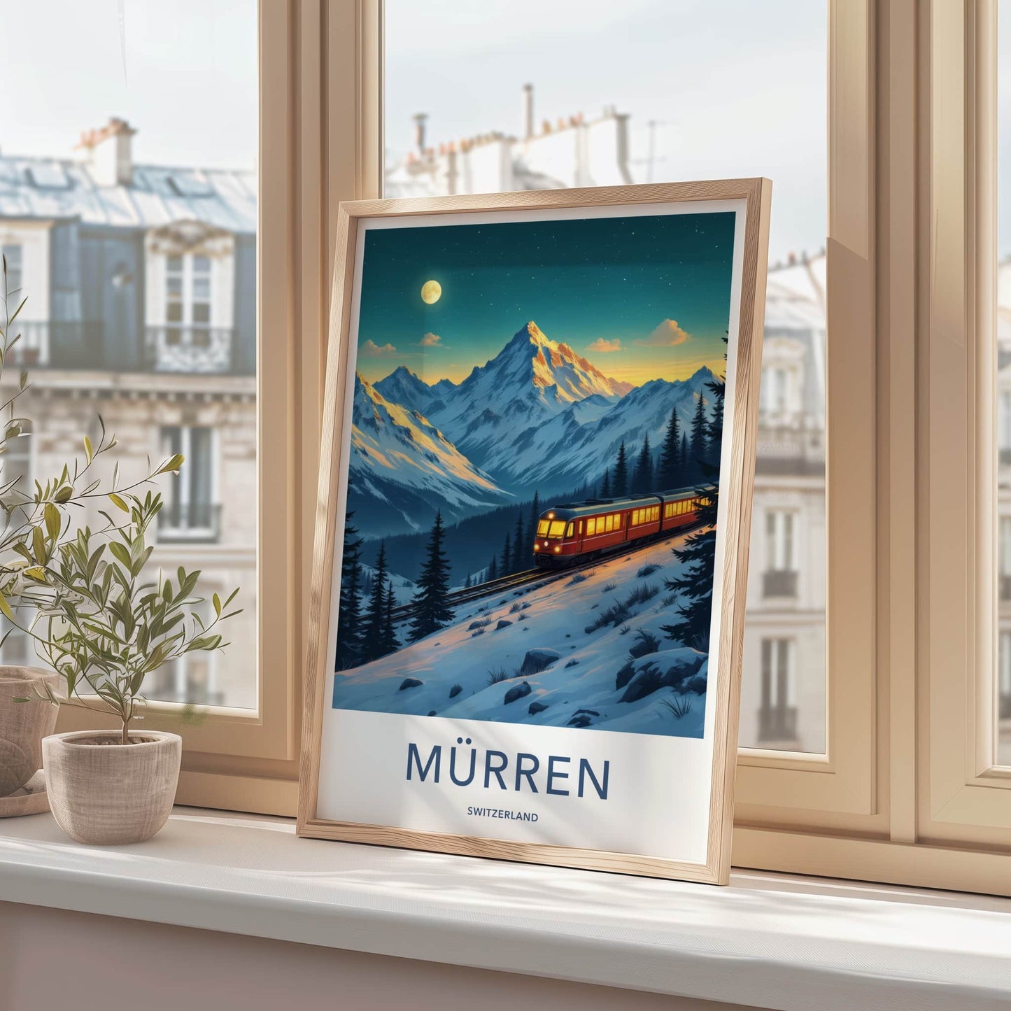 Murren Poster - Switzerland Travel Art - Moonlit Alpine Train Home Decor