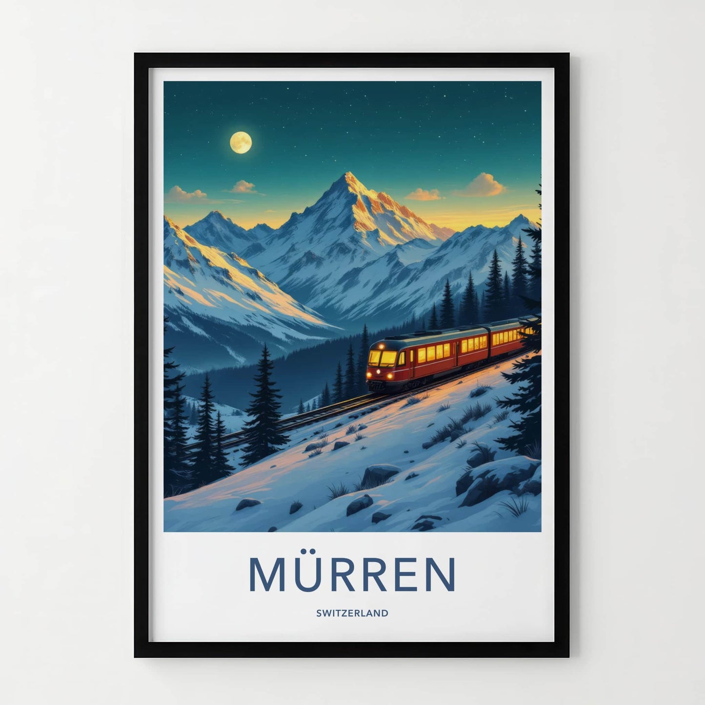 Murren Poster - Switzerland Travel Art - Moonlit Alpine Train Home Decor