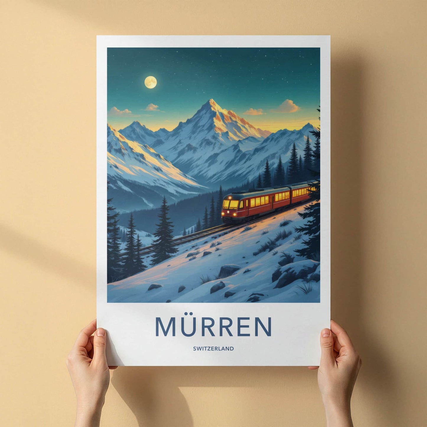 Murren Poster - Switzerland Travel Art - Moonlit Alpine Train Home Decor