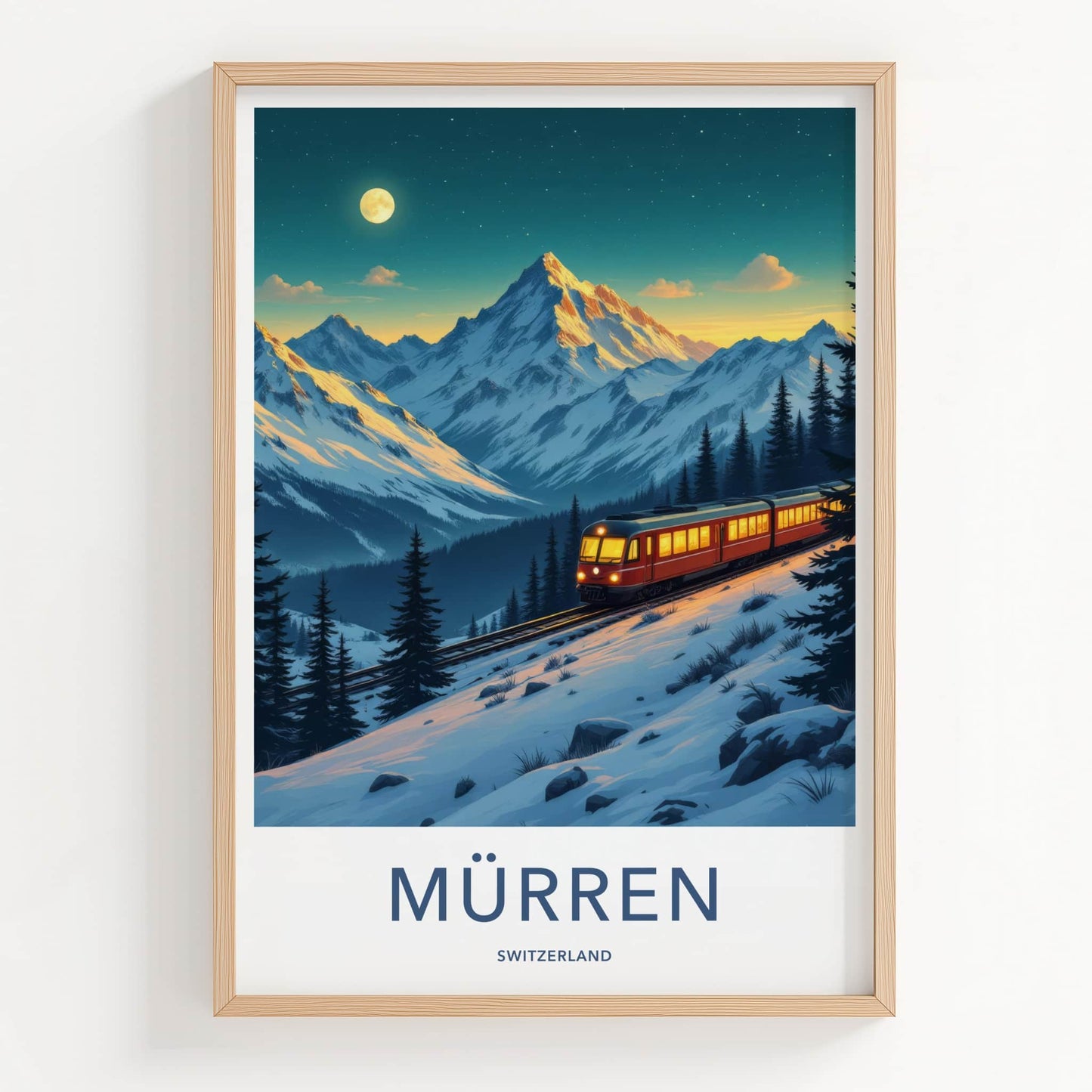 Murren Poster - Switzerland Travel Art - Moonlit Alpine Train Home Decor