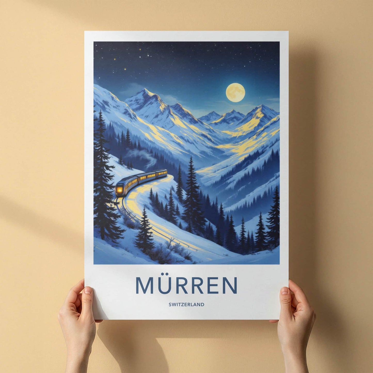 Murren Poster - Switzerland Travel Art - Moonlit Mountain Train Home Decor