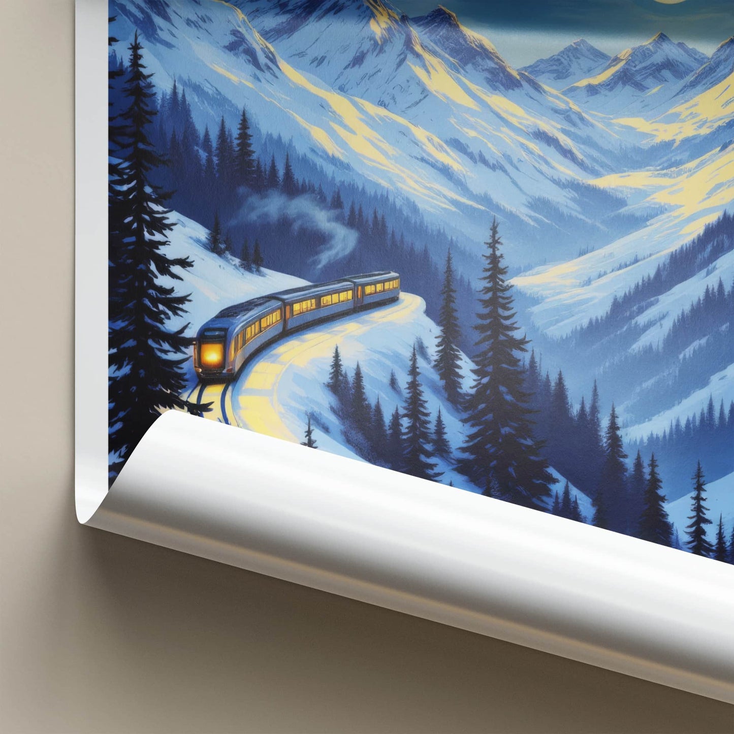 Murren Poster - Switzerland Travel Art - Moonlit Mountain Train Home Decor