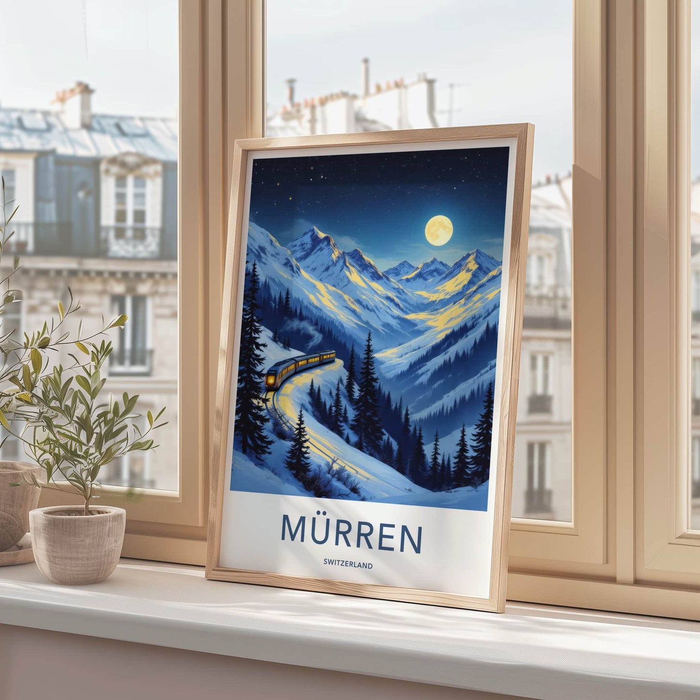 Murren Poster - Switzerland Travel Art - Moonlit Mountain Train Home Decor