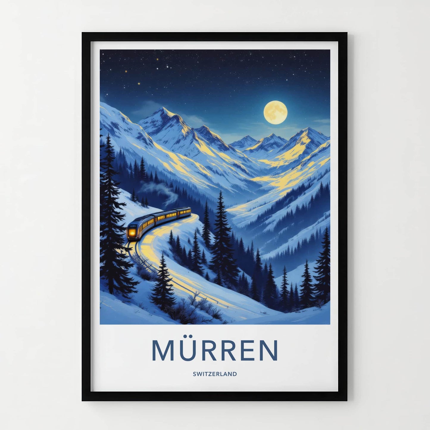 Murren Poster - Switzerland Travel Art - Moonlit Mountain Train Home Decor