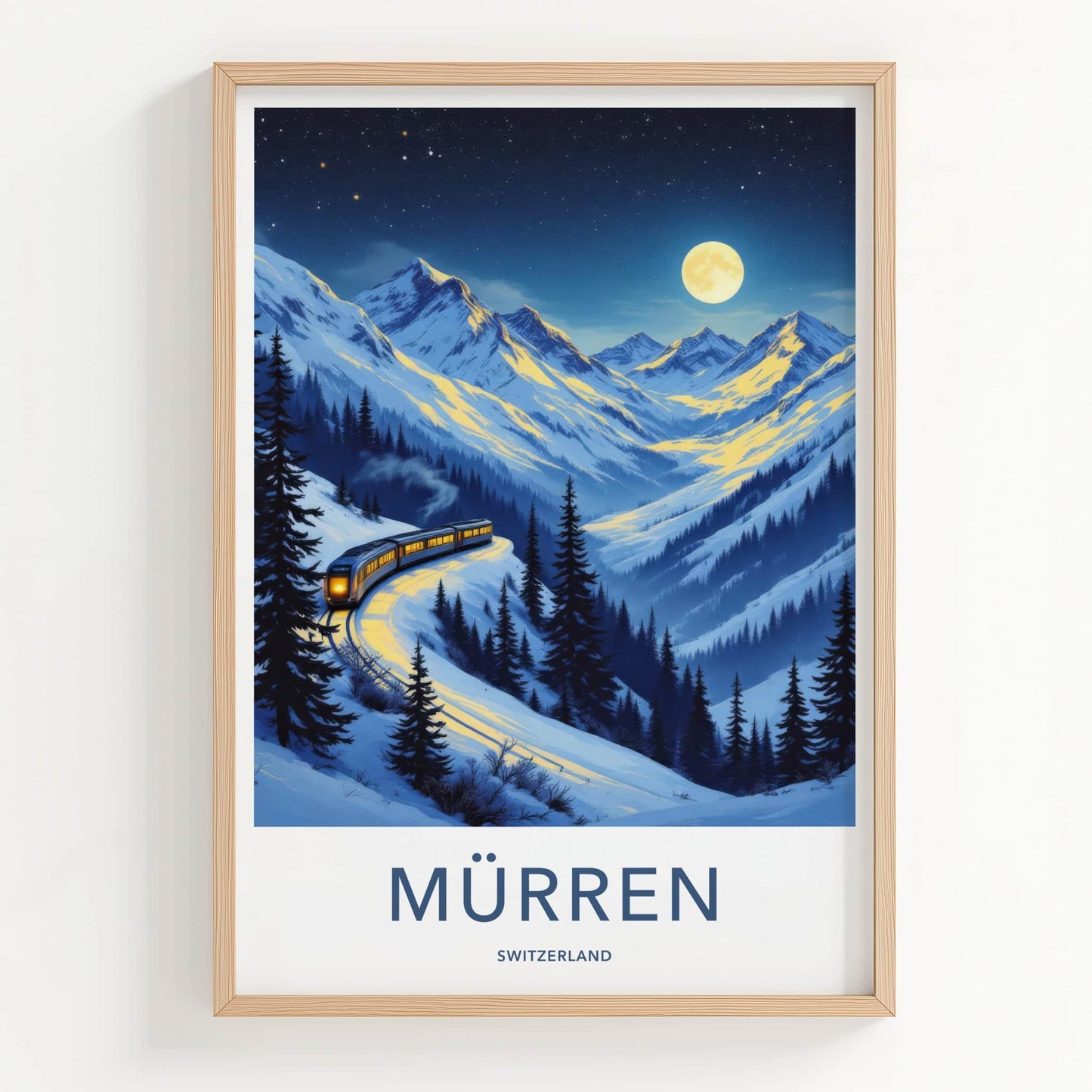 Murren Poster - Switzerland Travel Art - Moonlit Mountain Train Home Decor