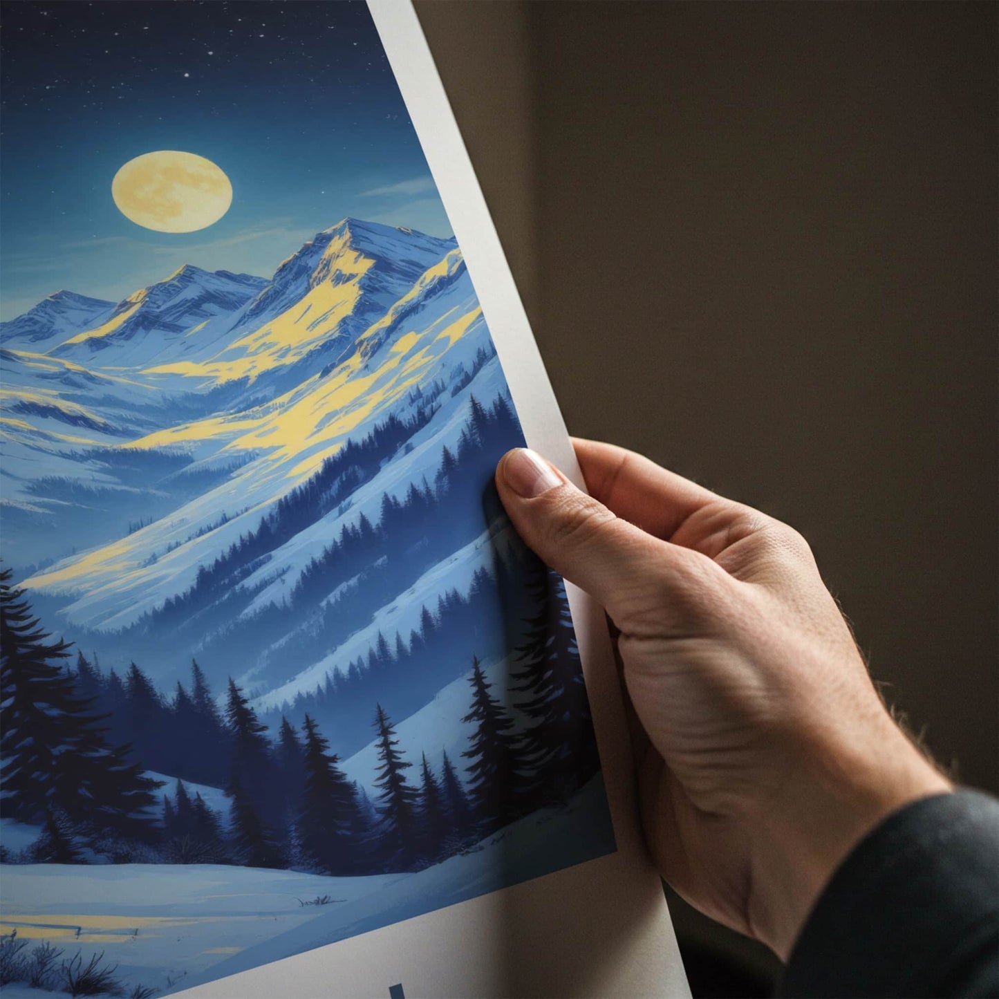 Murren Poster - Switzerland Travel Art - Moonlit Mountain Train Home Decor