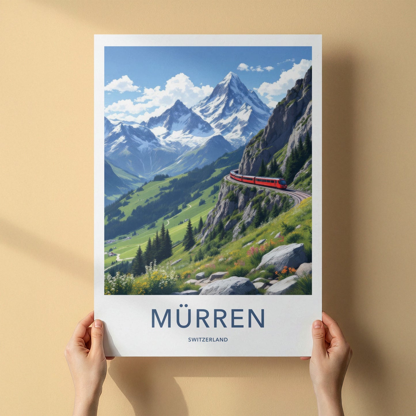 Murren Poster - Switzerland Travel Art - Red Train Mountain Wall Decor