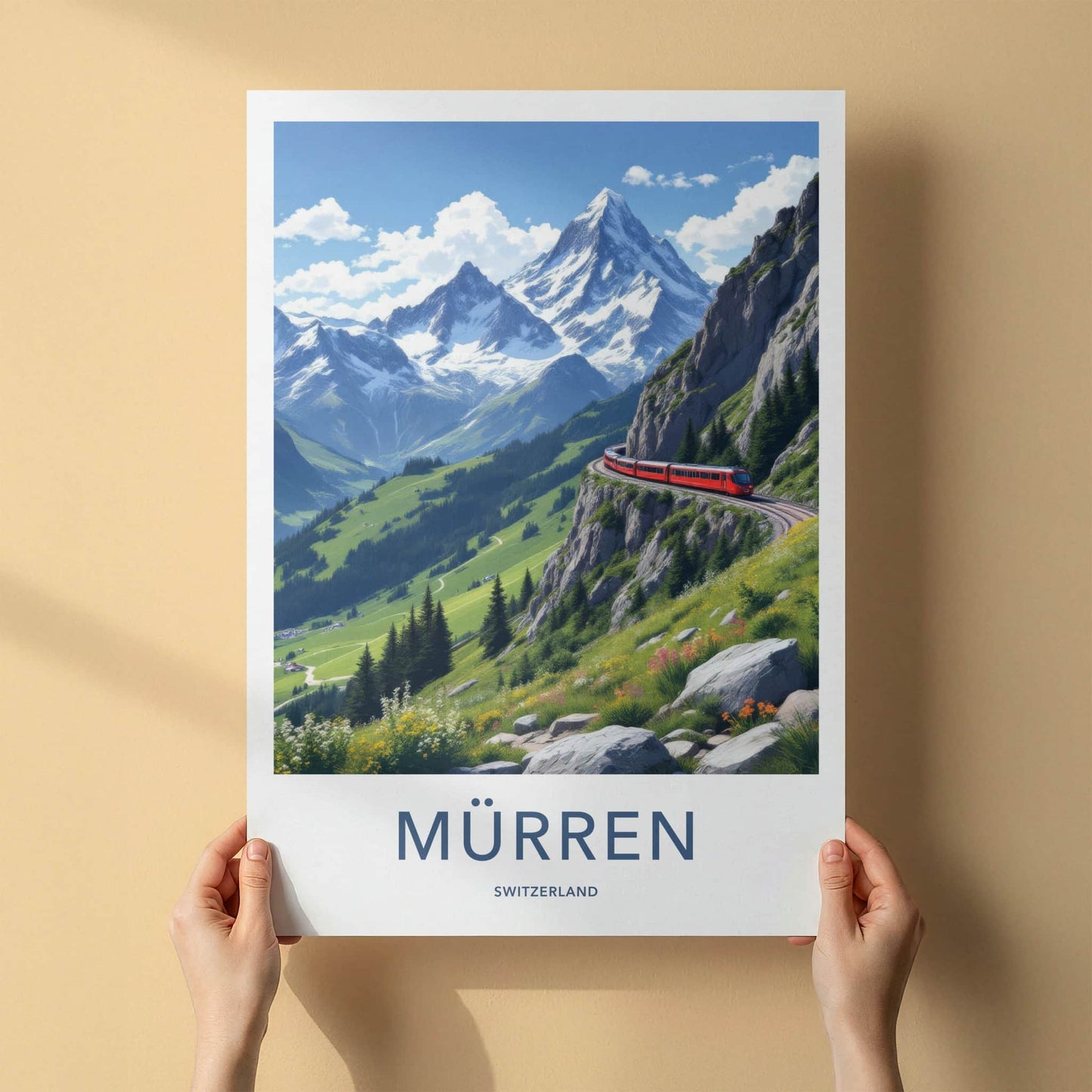 Murren Poster - Switzerland Travel Art - Red Train Mountain Wall Decor