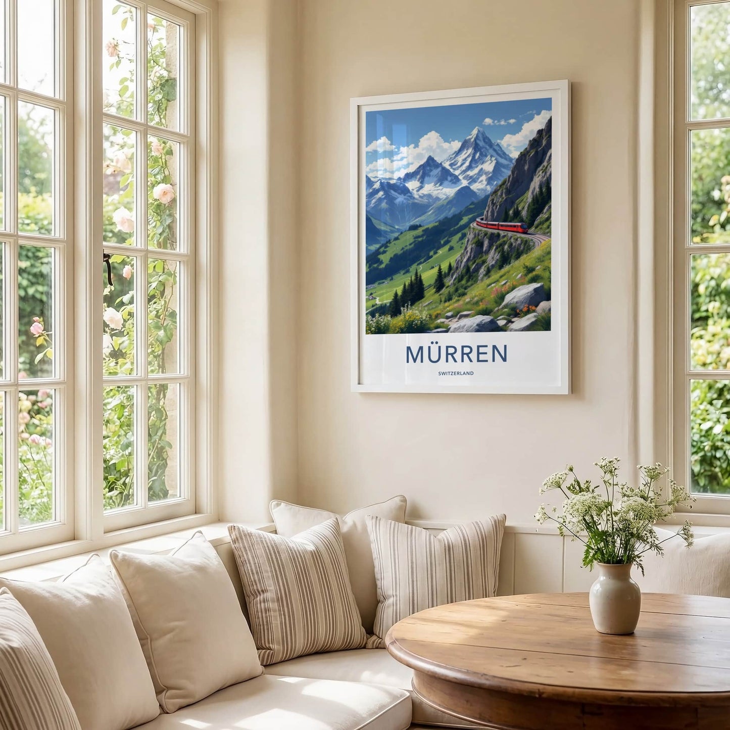 Murren Poster - Switzerland Travel Art - Red Train Mountain Wall Decor