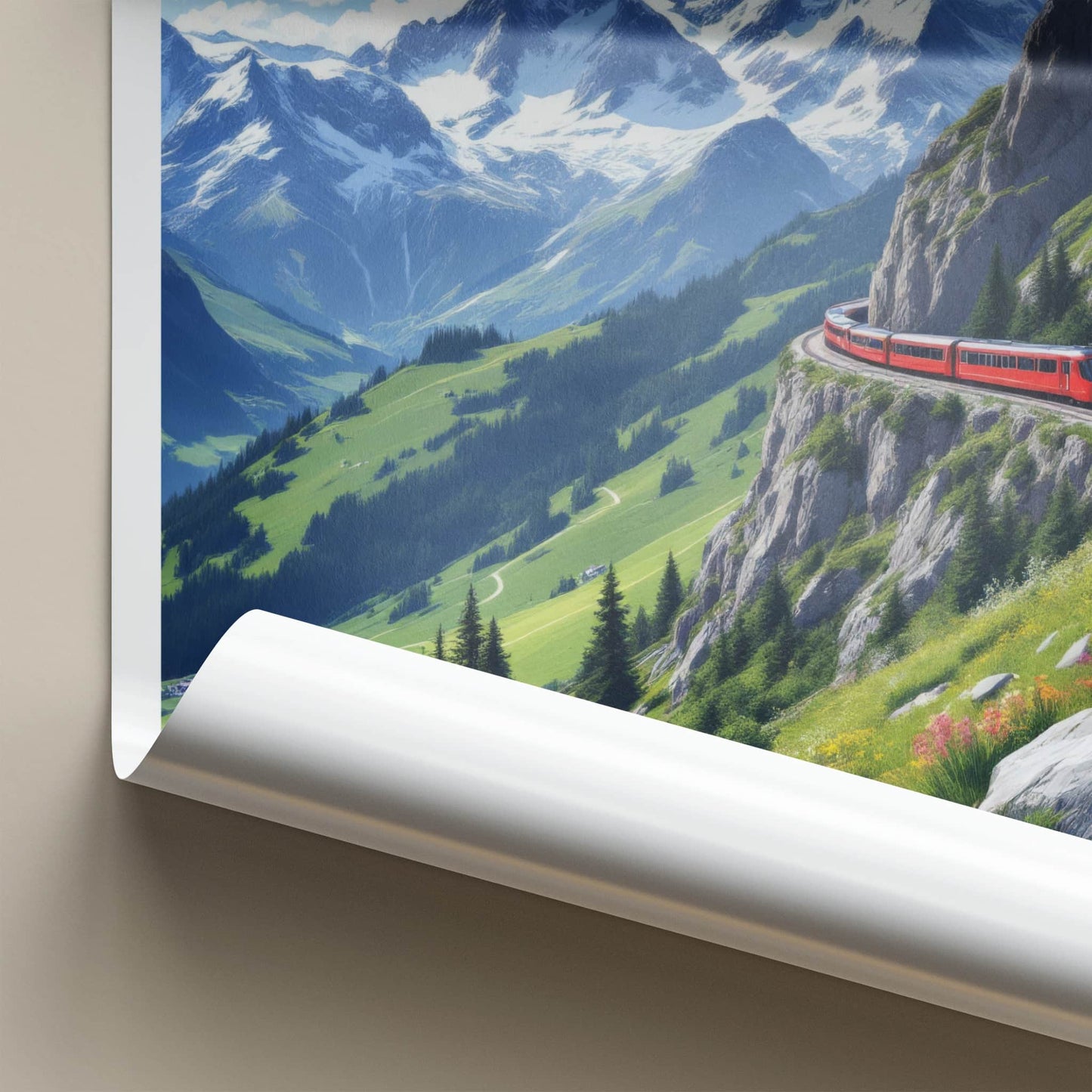 Murren Poster - Switzerland Travel Art - Red Train Mountain Wall Decor