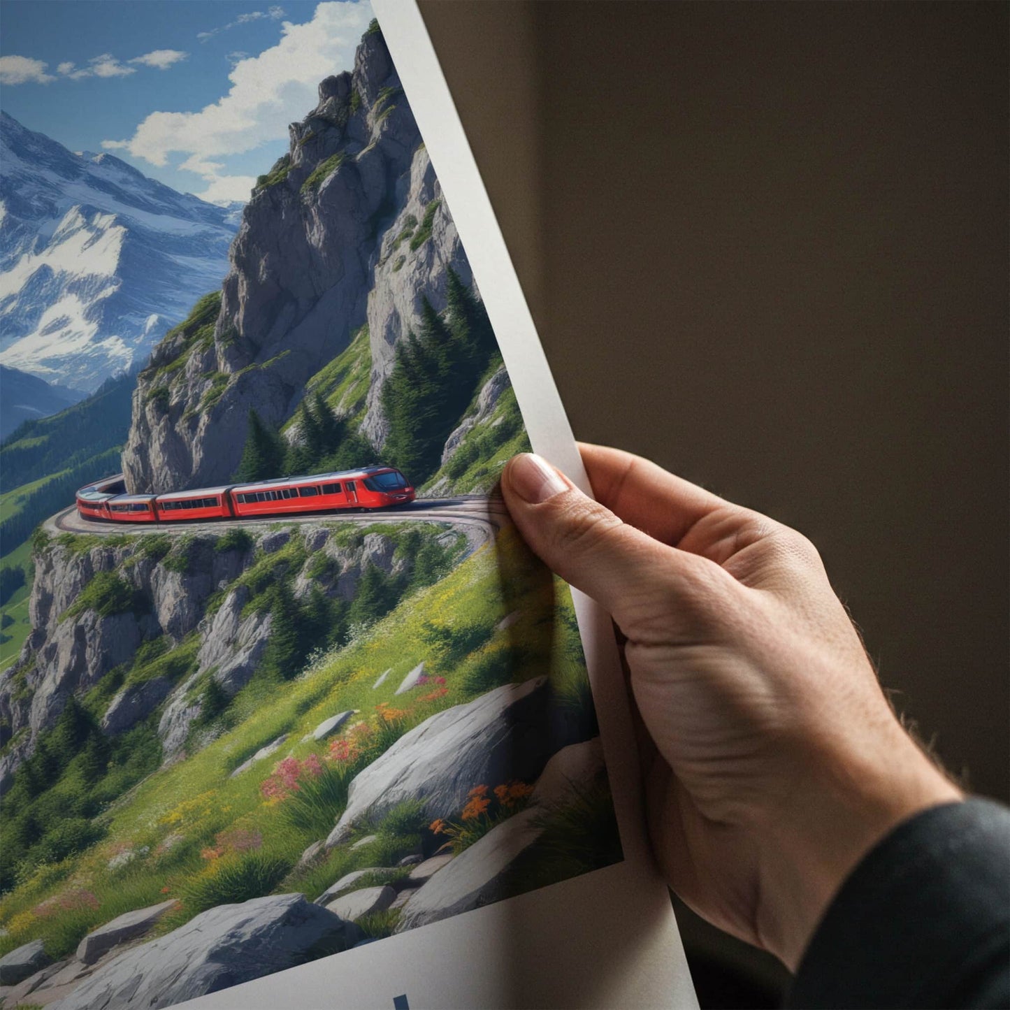 Murren Poster - Switzerland Travel Art - Red Train Mountain Wall Decor
