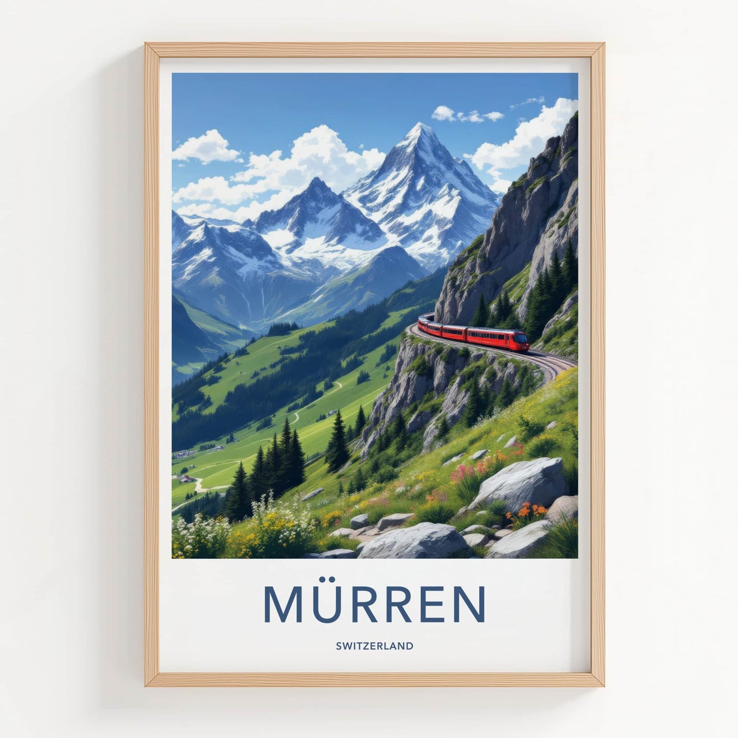 Murren Poster - Switzerland Travel Art - Red Train Mountain Wall Decor
