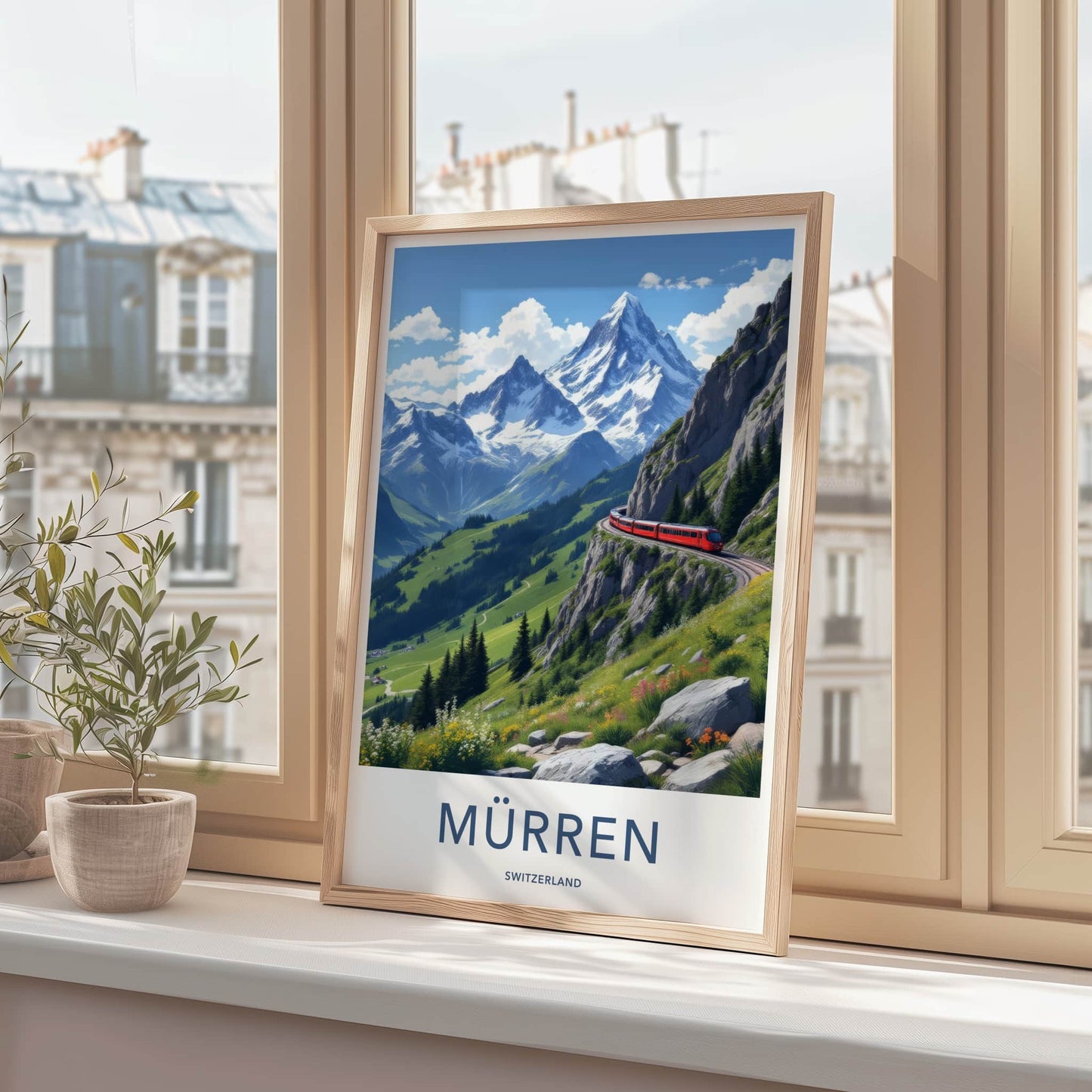 Murren Poster - Switzerland Travel Art - Red Train Mountain Wall Decor