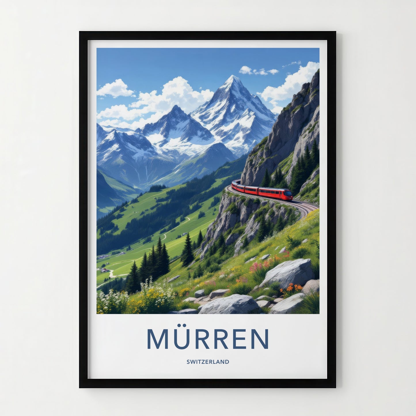 Murren Poster - Switzerland Travel Art - Red Train Mountain Wall Decor