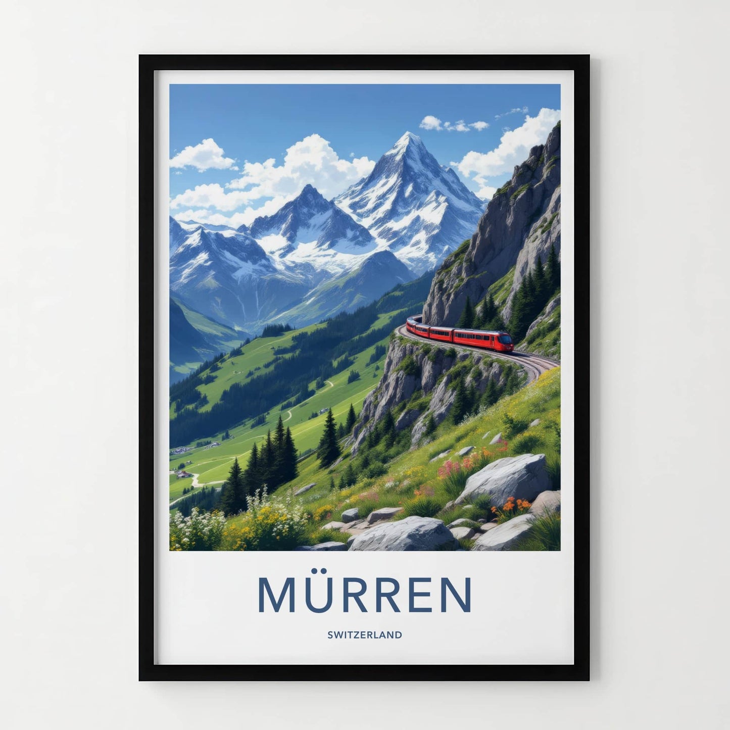Murren Poster - Switzerland Travel Art - Red Train Mountain Wall Decor