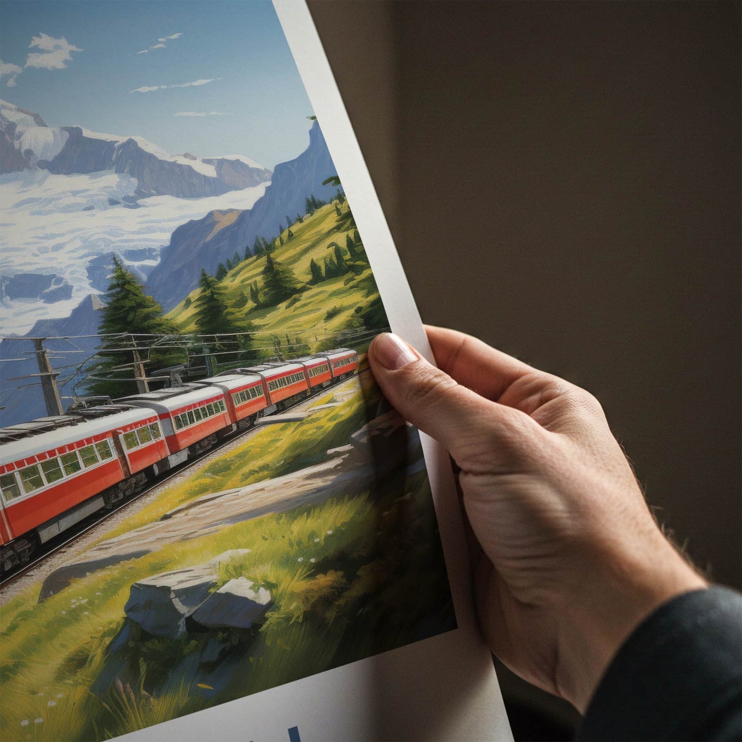 Murren Poster - Switzerland Travel Art - Red Train Mountains Wall Decor