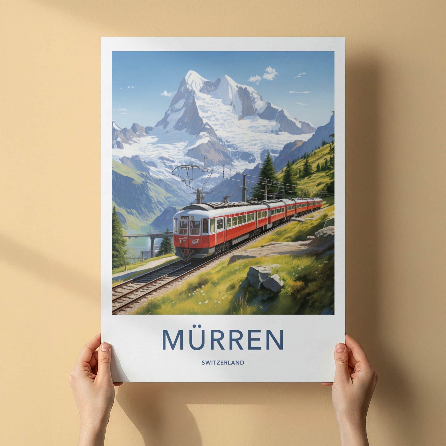 Murren Poster - Switzerland Travel Art - Red Train Mountains Wall Decor