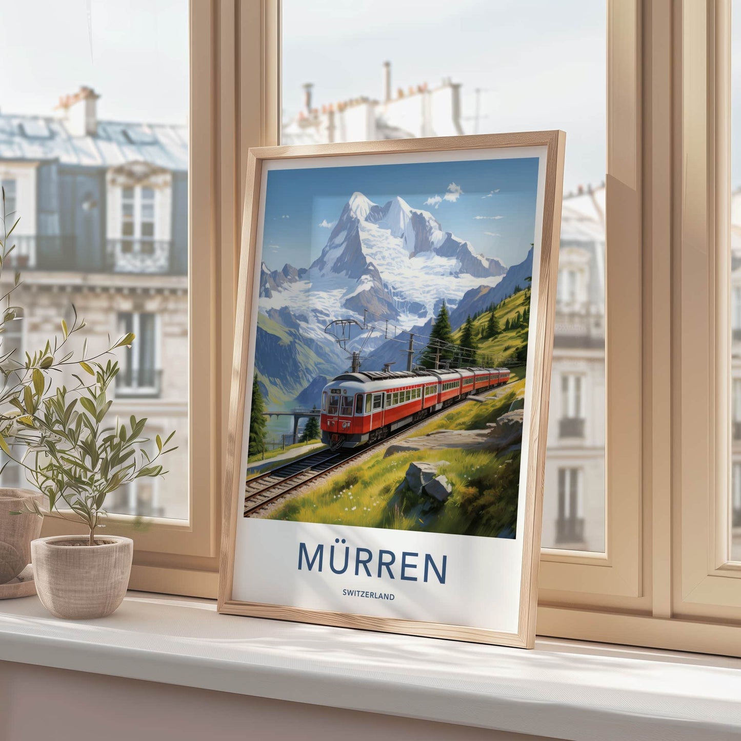 Murren Poster - Switzerland Travel Art - Red Train Mountains Wall Decor