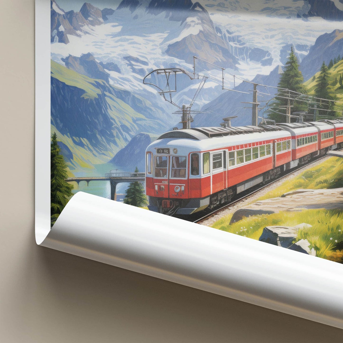 Murren Poster - Switzerland Travel Art - Red Train Mountains Wall Decor