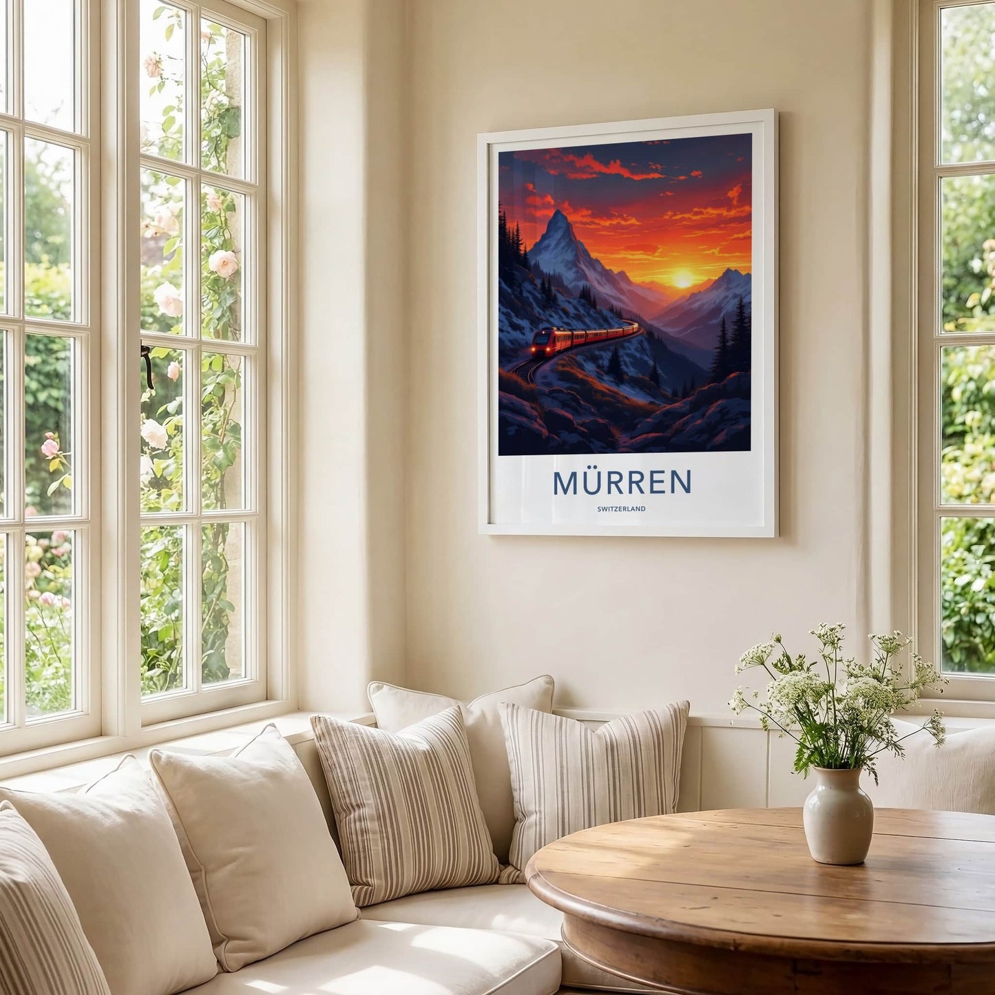 Murren Poster - Switzerland Travel Art - Snowy Mountain Sunset Wall Decor