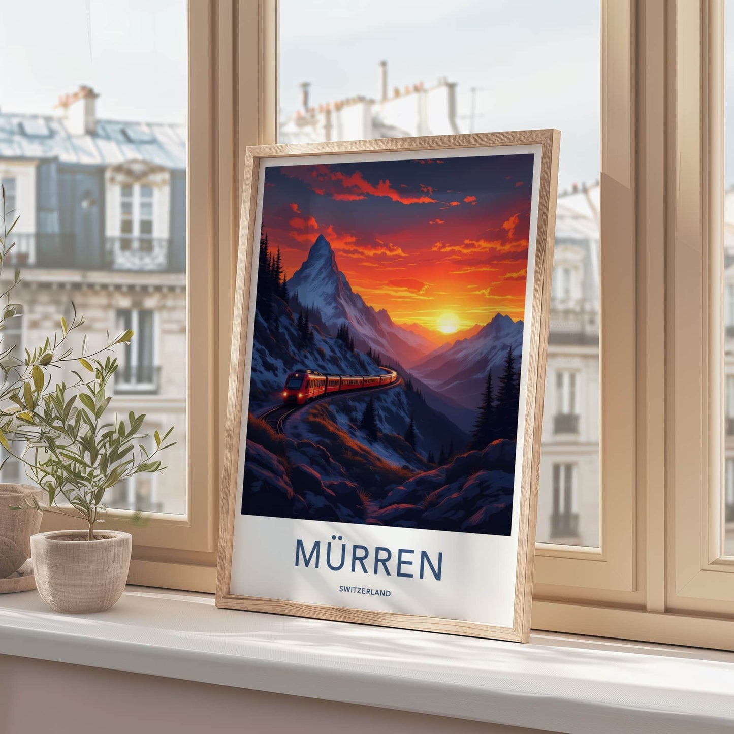 Murren Poster - Switzerland Travel Art - Snowy Mountain Sunset Wall Decor