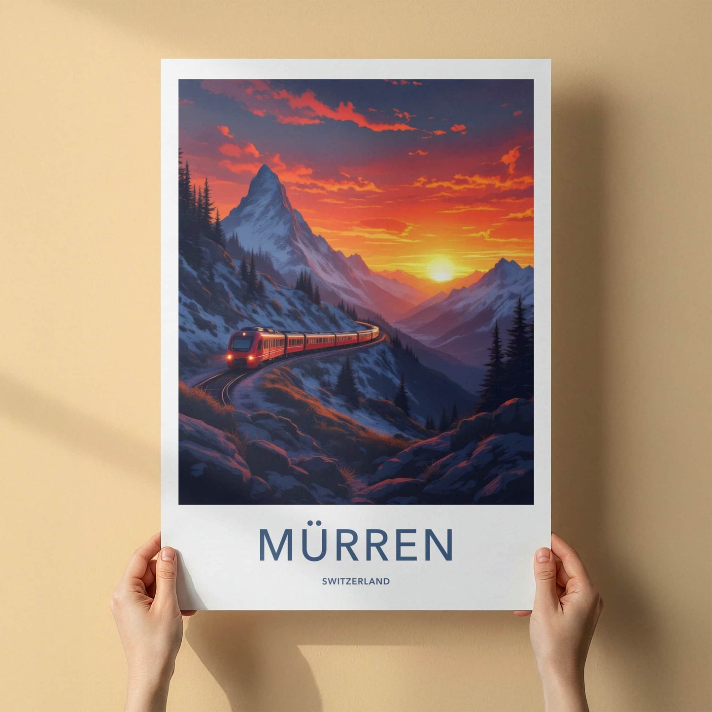 Murren Poster - Switzerland Travel Art - Snowy Mountain Sunset Wall Decor