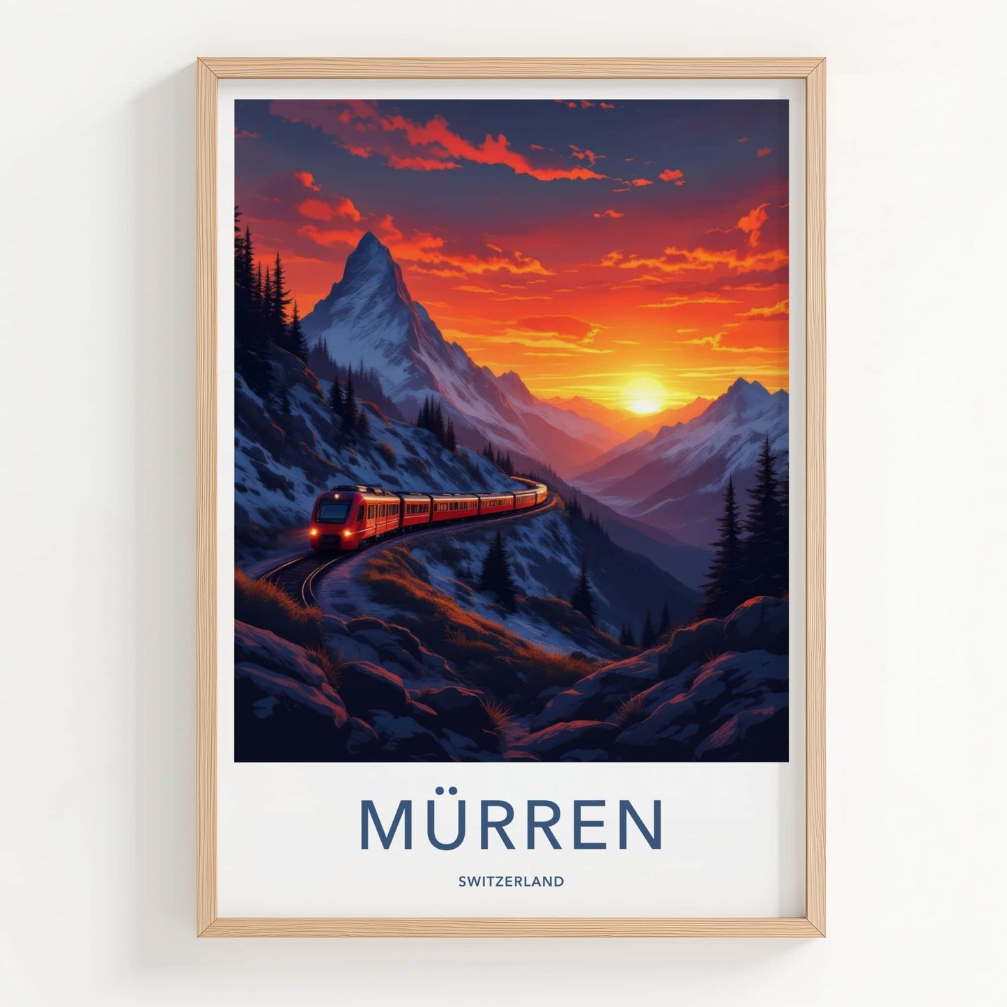 Murren Poster - Switzerland Travel Art - Snowy Mountain Sunset Wall Decor