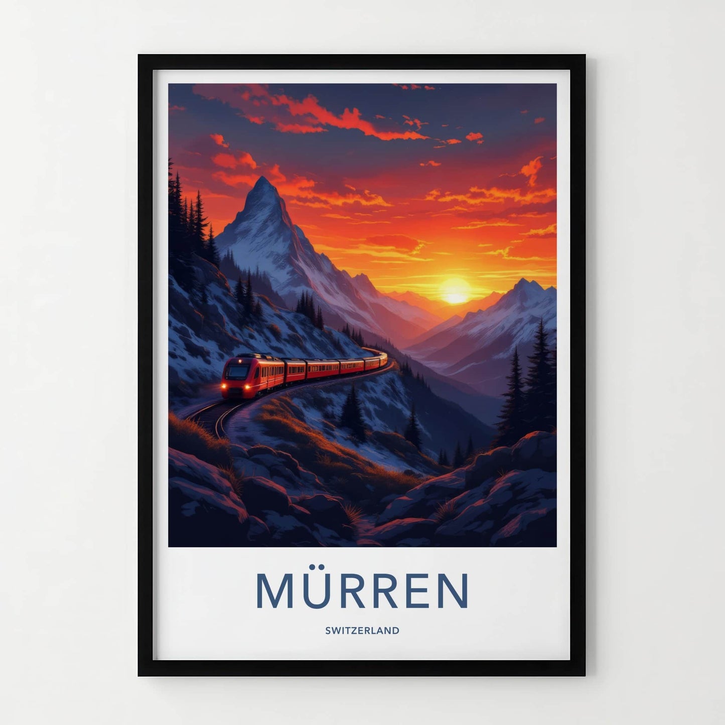 Murren Poster - Switzerland Travel Art - Snowy Mountain Sunset Wall Decor