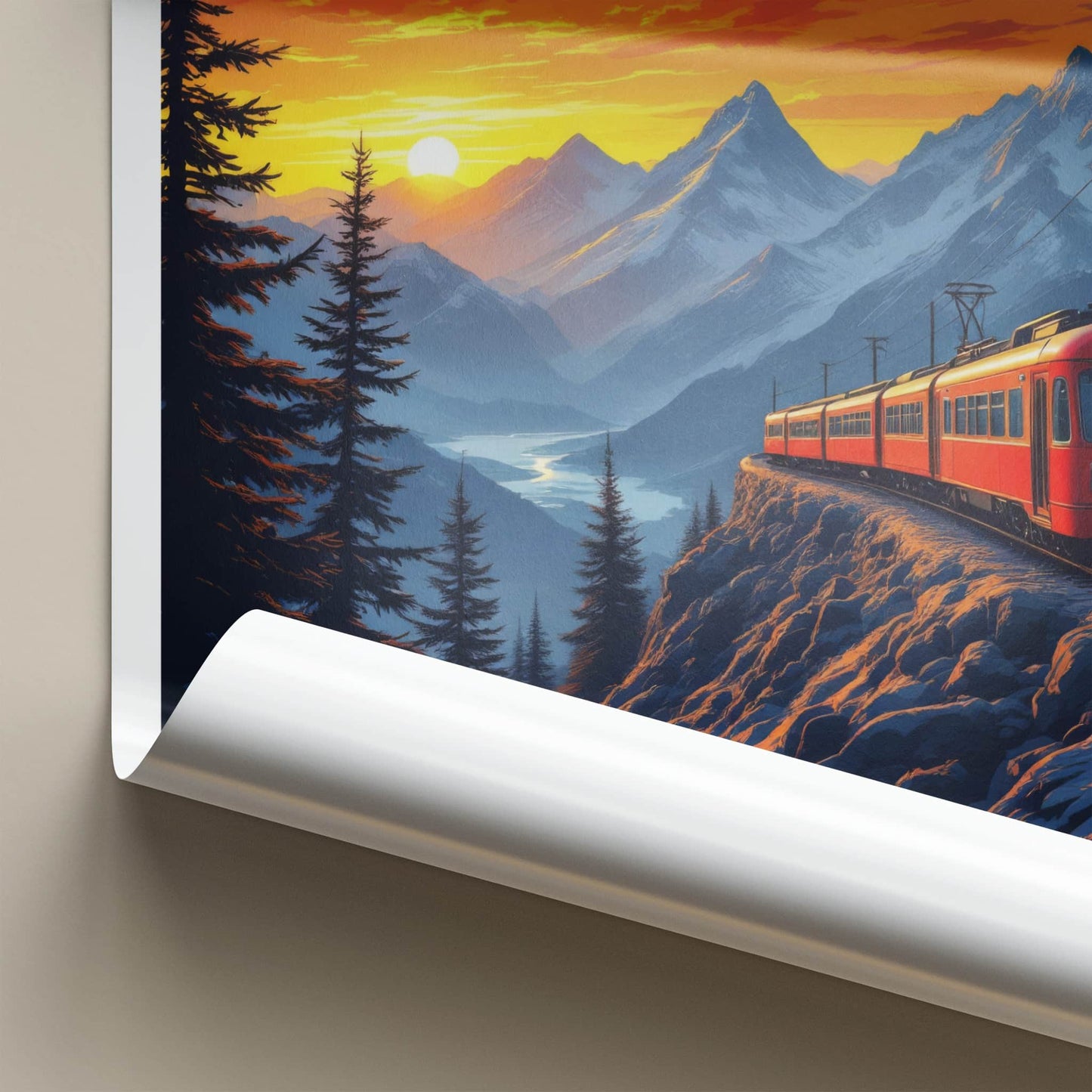 Murren Poster - Switzerland Travel Print - Mountain Train Sunset Wall Decor