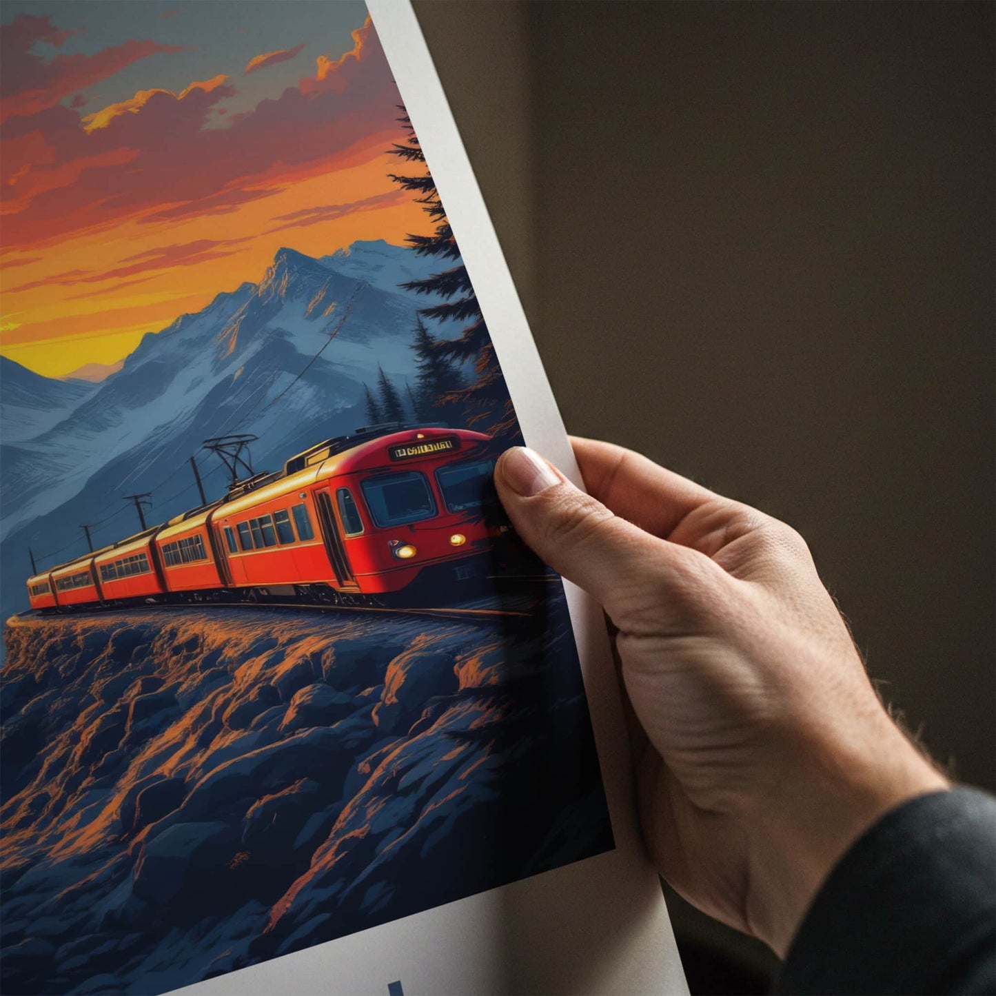 Murren Poster - Switzerland Travel Print - Mountain Train Sunset Wall Decor