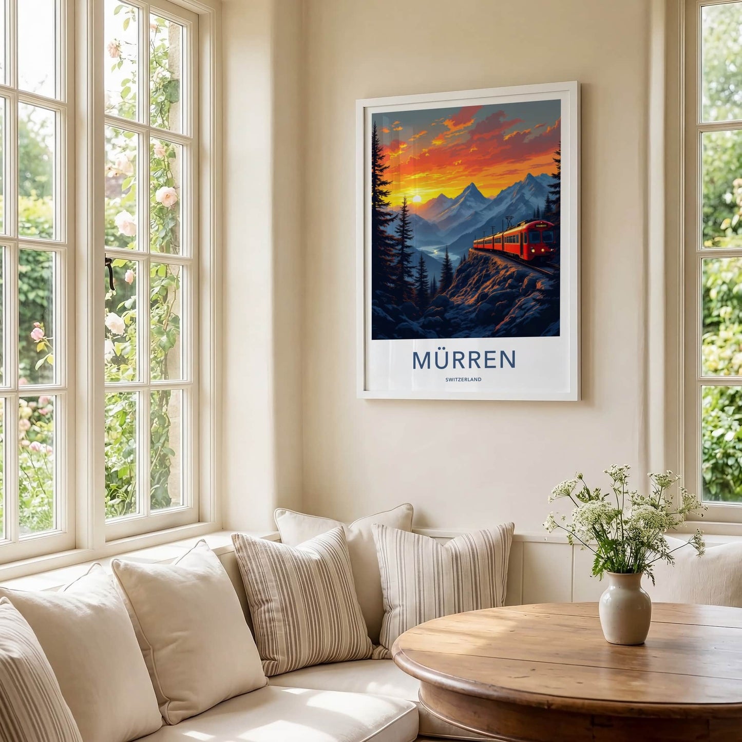 Murren Poster - Switzerland Travel Print - Mountain Train Sunset Wall Decor