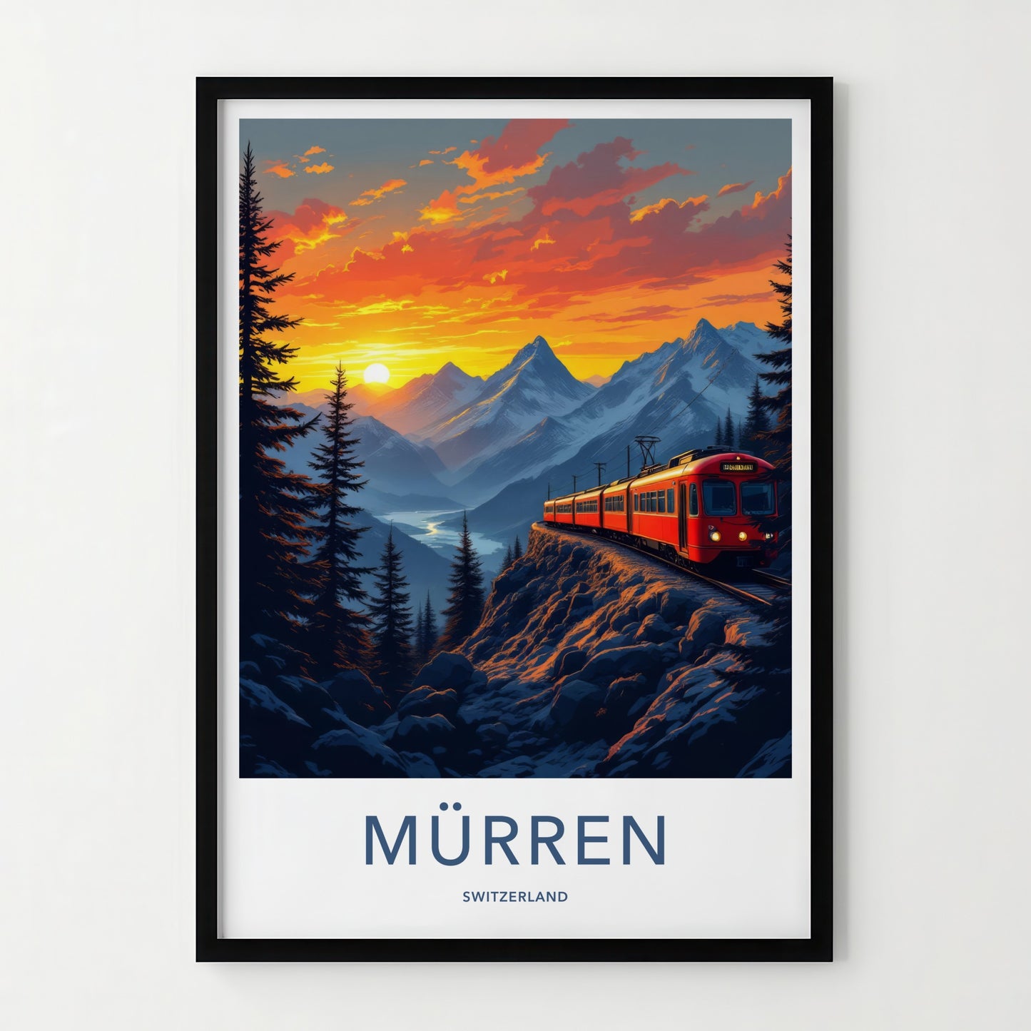 Murren Poster - Switzerland Travel Print - Mountain Train Sunset Wall Decor
