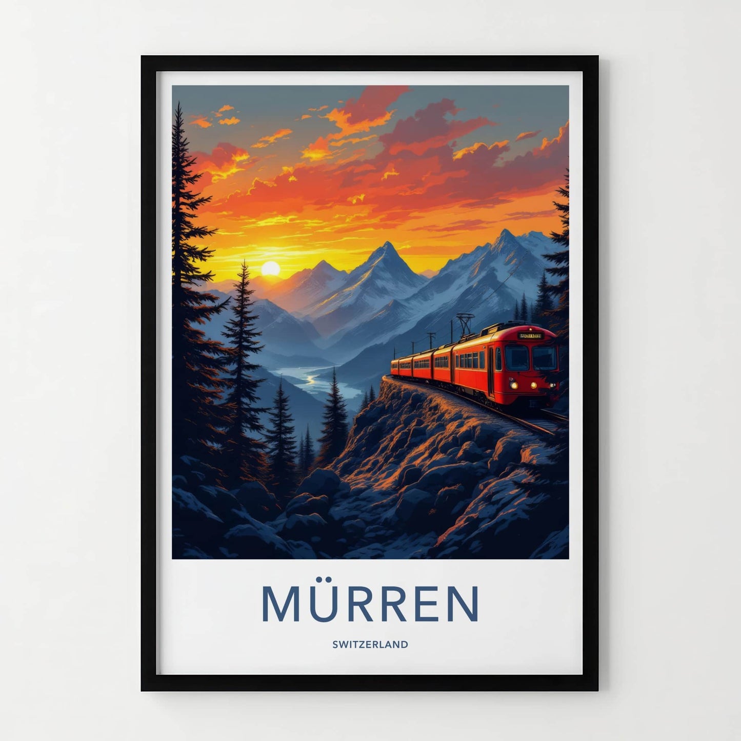 Murren Poster - Switzerland Travel Print - Mountain Train Sunset Wall Decor
