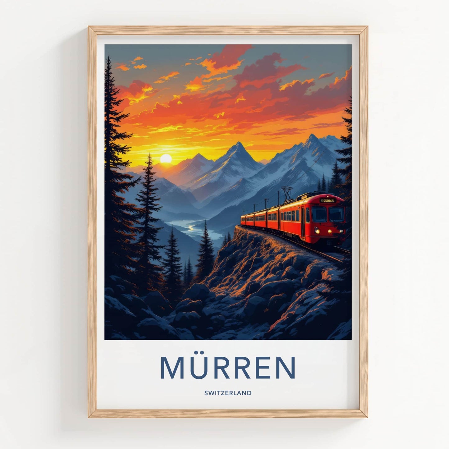 Murren Poster - Switzerland Travel Print - Mountain Train Sunset Wall Decor