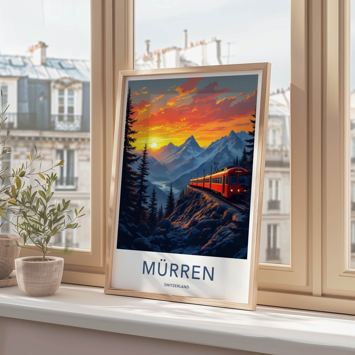 Murren Poster - Switzerland Travel Print - Mountain Train Sunset Wall Decor
