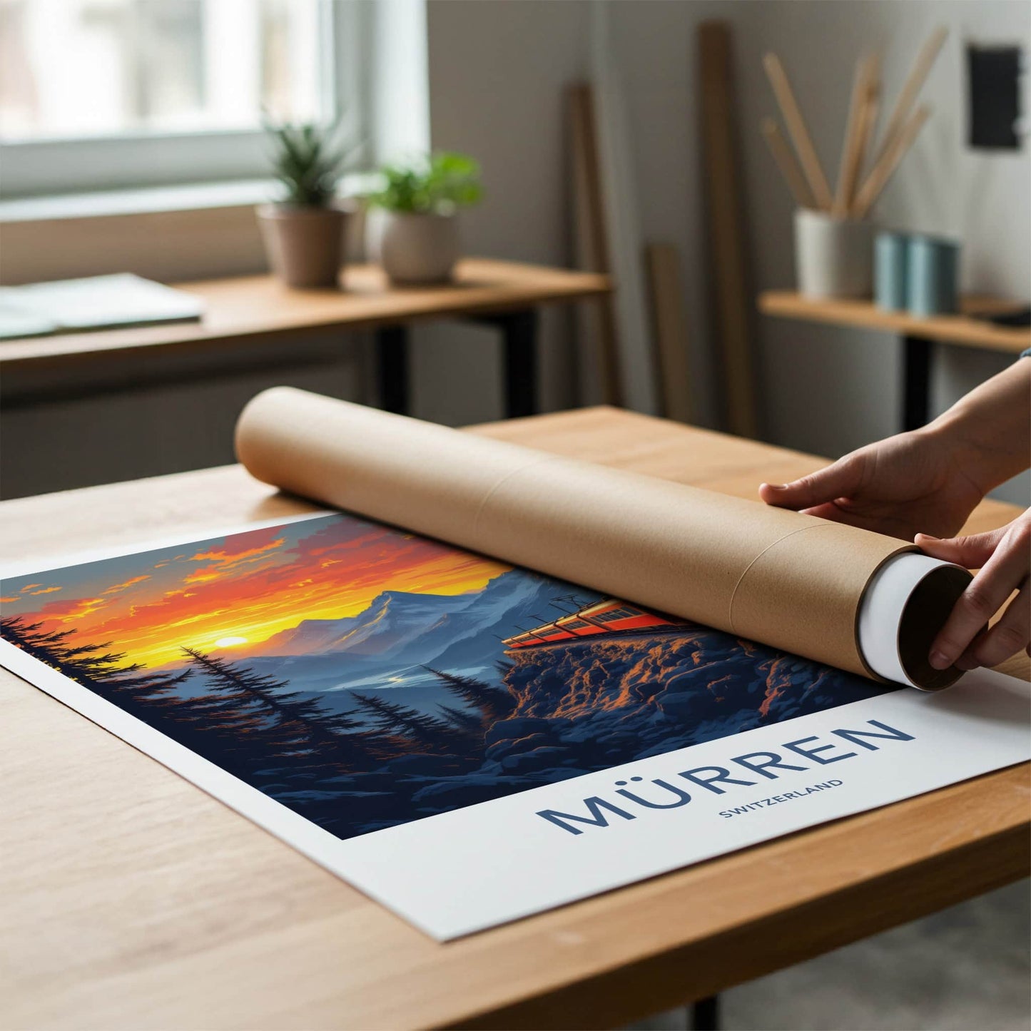 Murren Poster - Switzerland Travel Print - Mountain Train Sunset Wall Decor