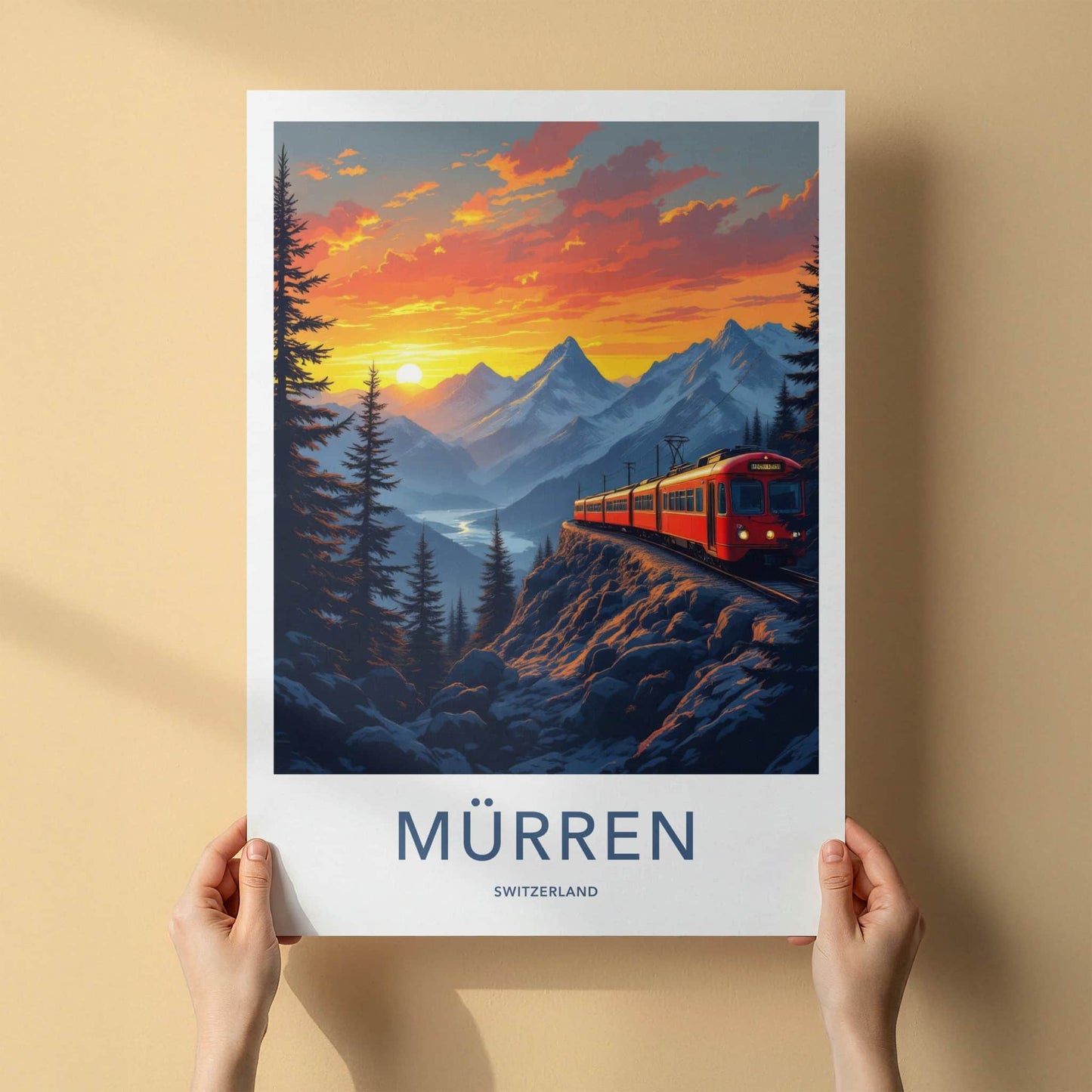 Murren Poster - Switzerland Travel Print - Mountain Train Sunset Wall Decor