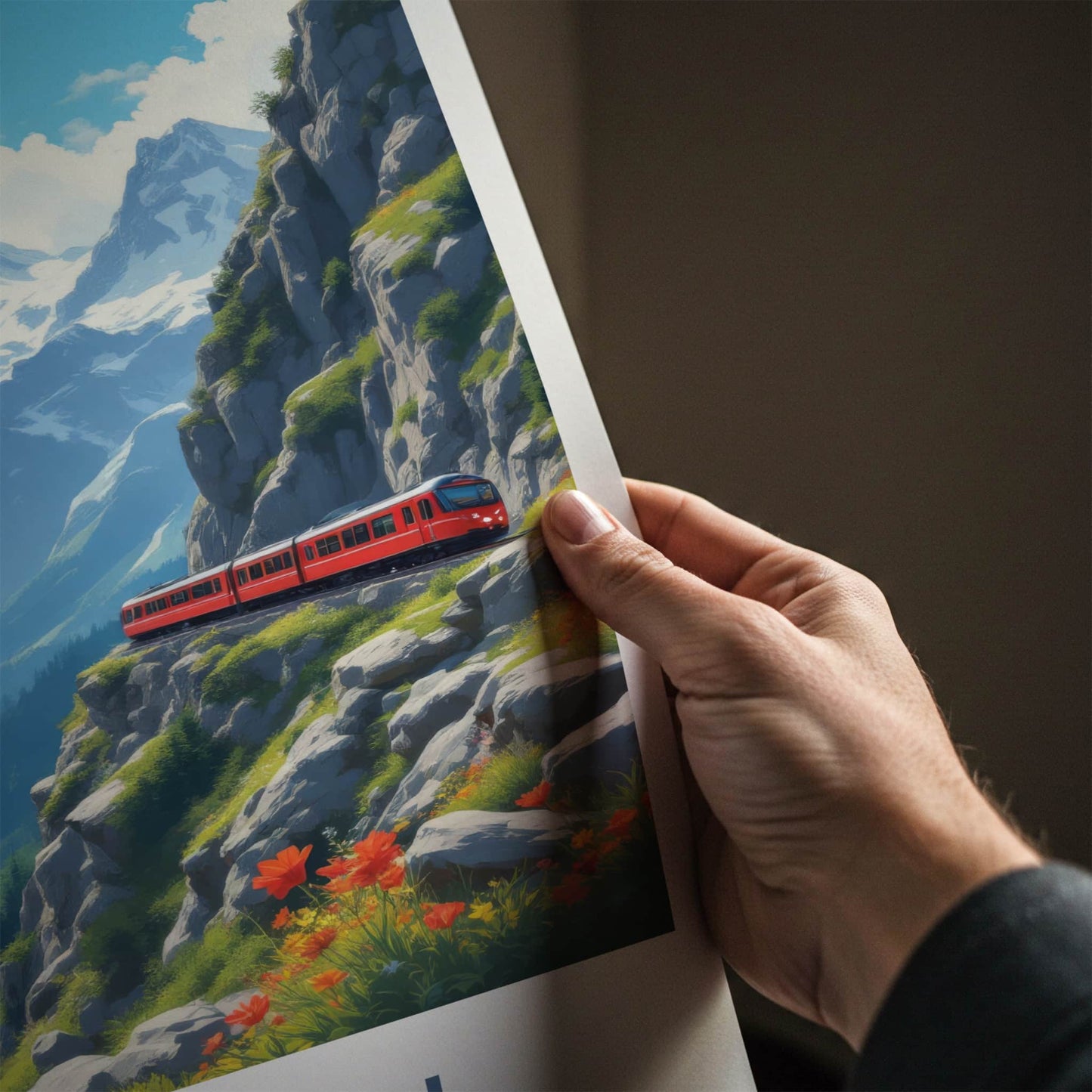 Murren Poster - Switzerland Travel Print - Red Train Mountain Wall Decor