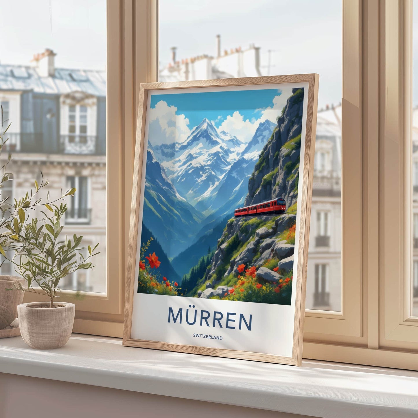 Murren Poster - Switzerland Travel Print - Red Train Mountain Wall Decor