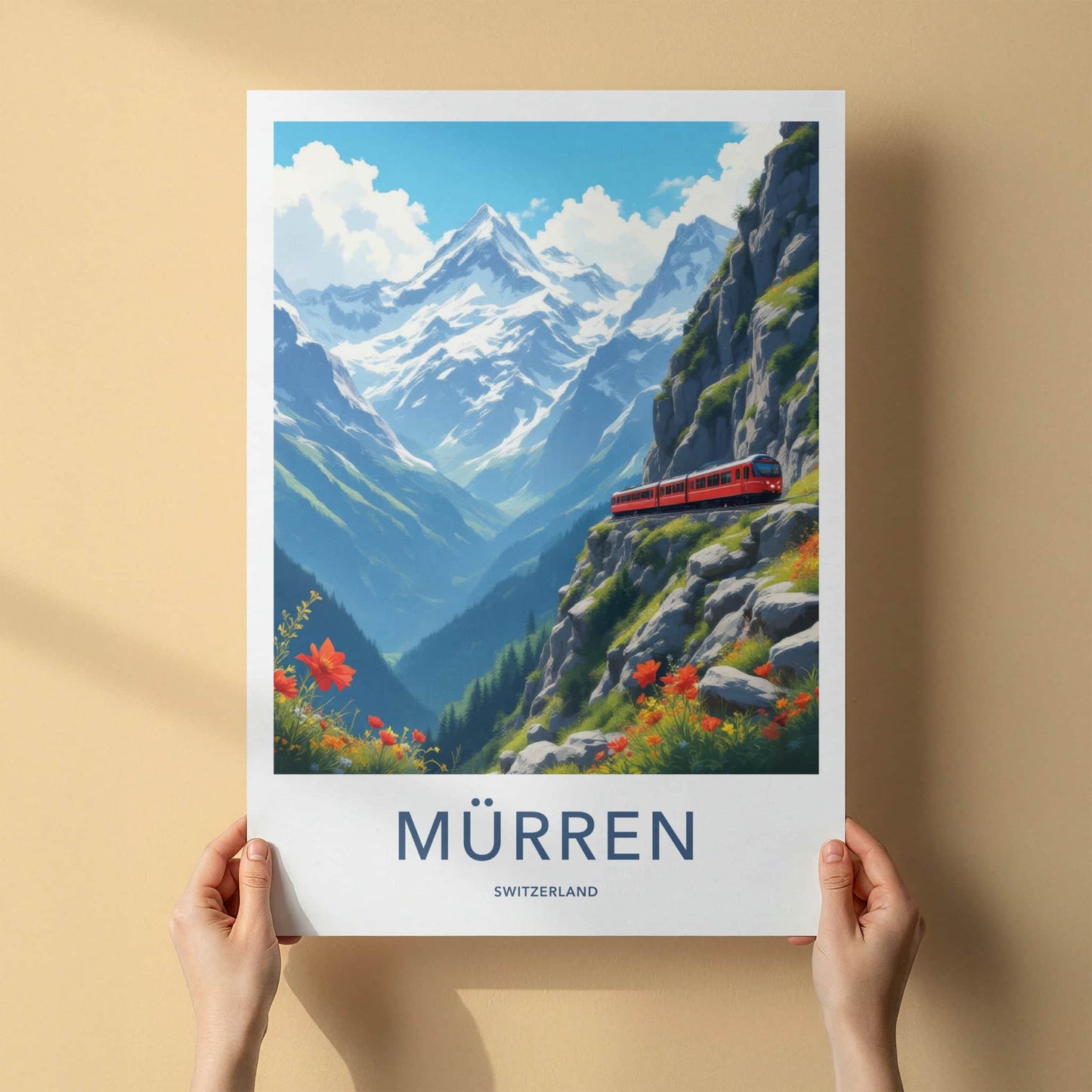Murren Poster - Switzerland Travel Print - Red Train Mountain Wall Decor