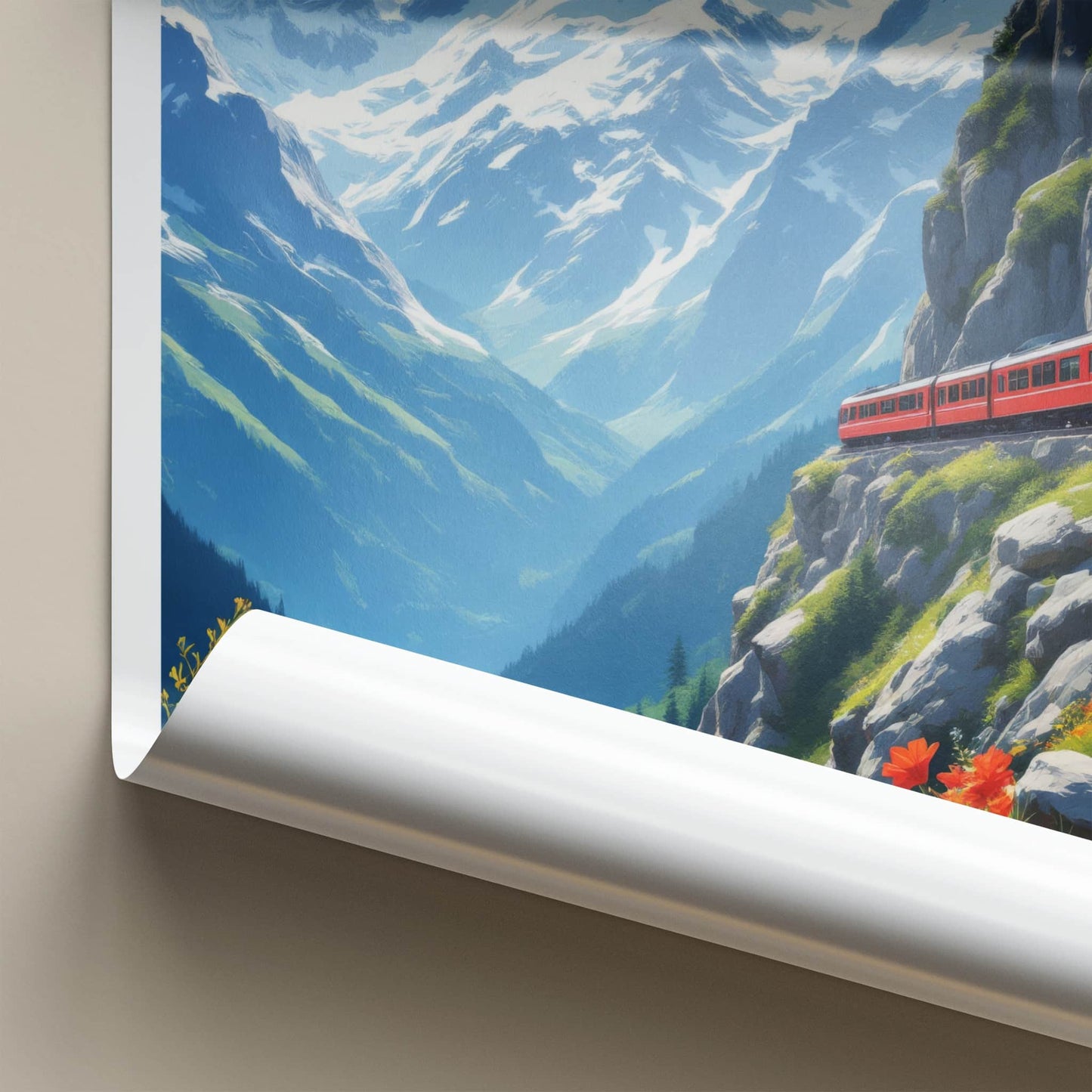 Murren Poster - Switzerland Travel Print - Red Train Mountain Wall Decor