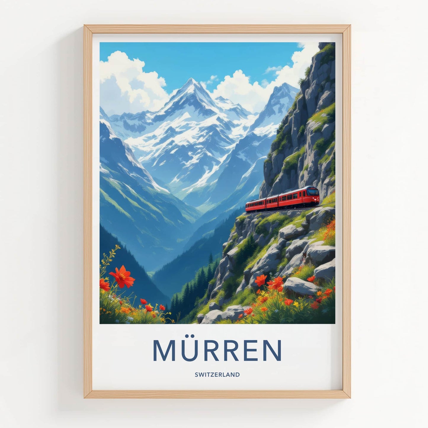 Murren Poster - Switzerland Travel Print - Red Train Mountain Wall Decor