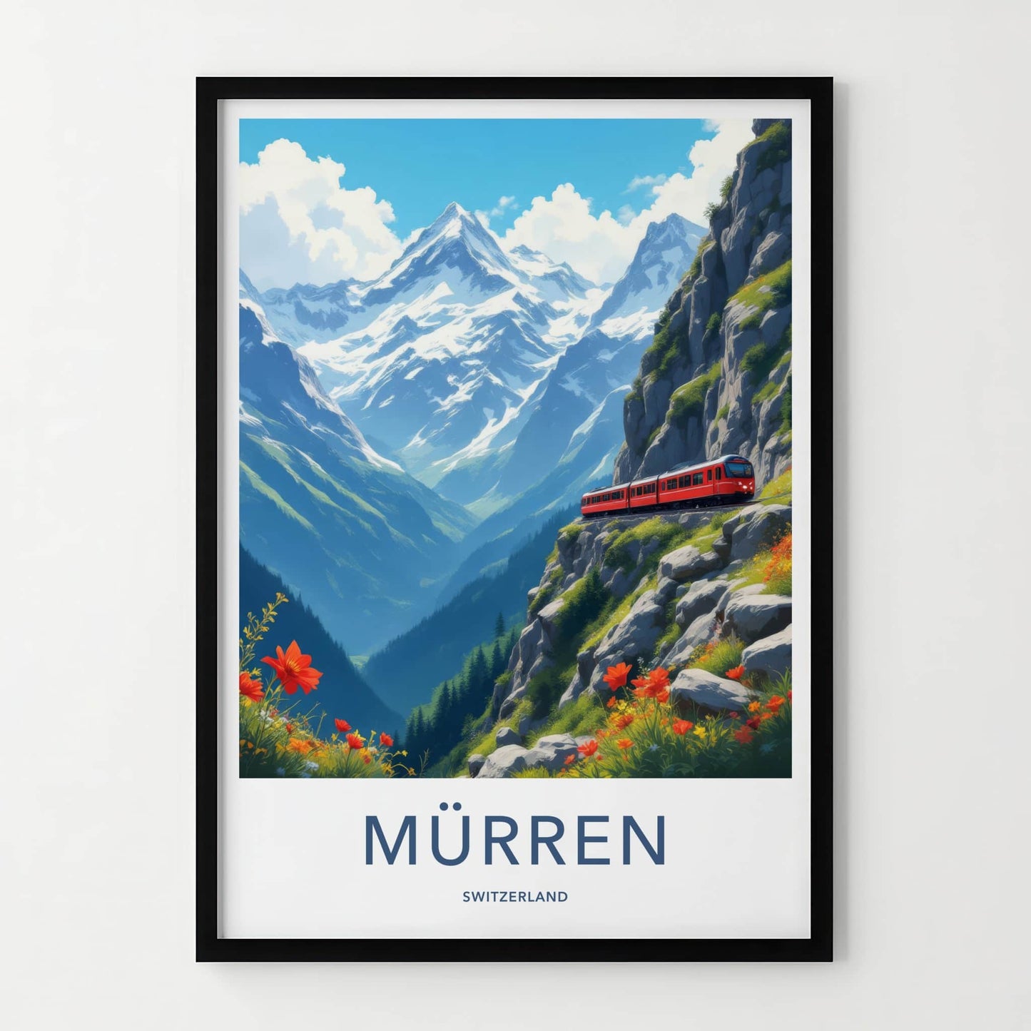 Murren Poster - Switzerland Travel Print - Red Train Mountain Wall Decor