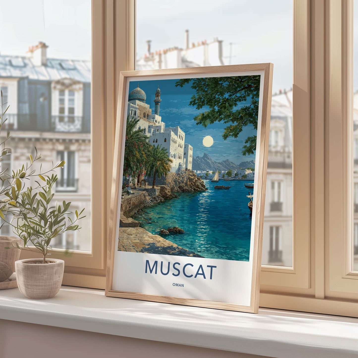 Muscat Poster - Oman Wall Art - Coastal City Moonlight Home Decor