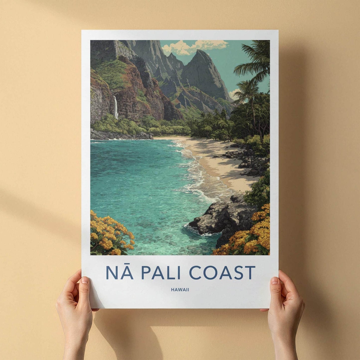 Na Pali Coast Poster - Hawaii Wall Art - Turquoise Beach Waterfall Home Decor