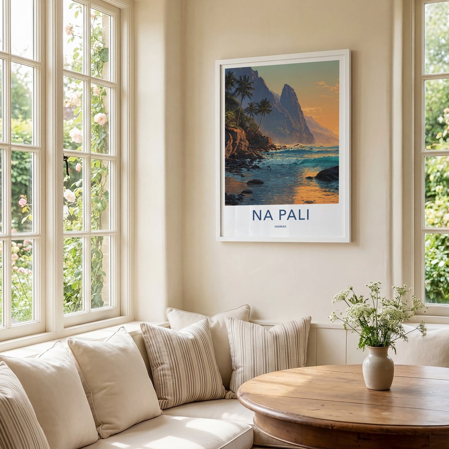 Na Pali Poster - Hawaii Art Print - Coastal Cliffs Palms Home Decor