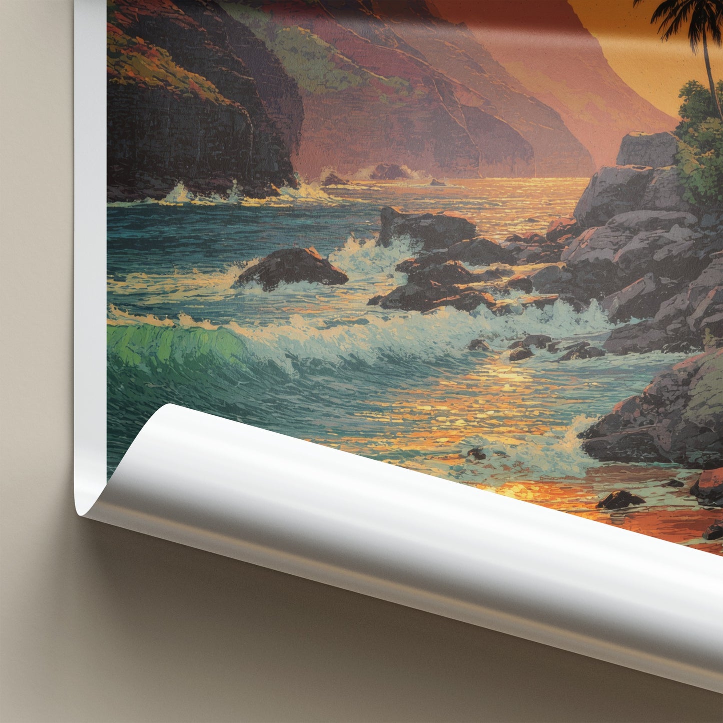 Na Pali Poster - Hawaii Coastal Sunset Waves Art Print Wall Decor