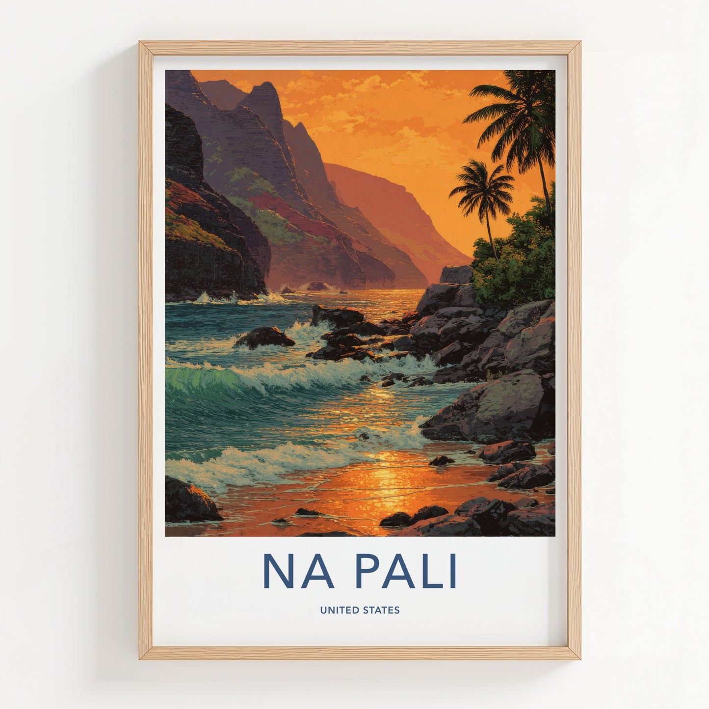 Na Pali Poster - Hawaii Coastal Sunset Waves Art Print Wall Decor