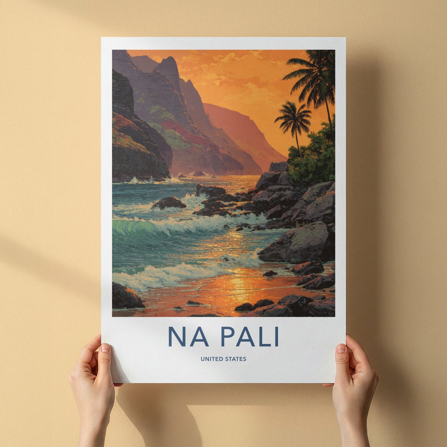 Na Pali Poster - Hawaii Coastal Sunset Waves Art Print Wall Decor